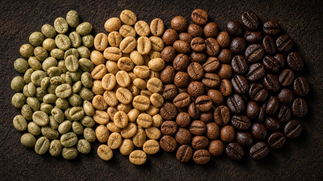 Coffee beans from green to dark roast