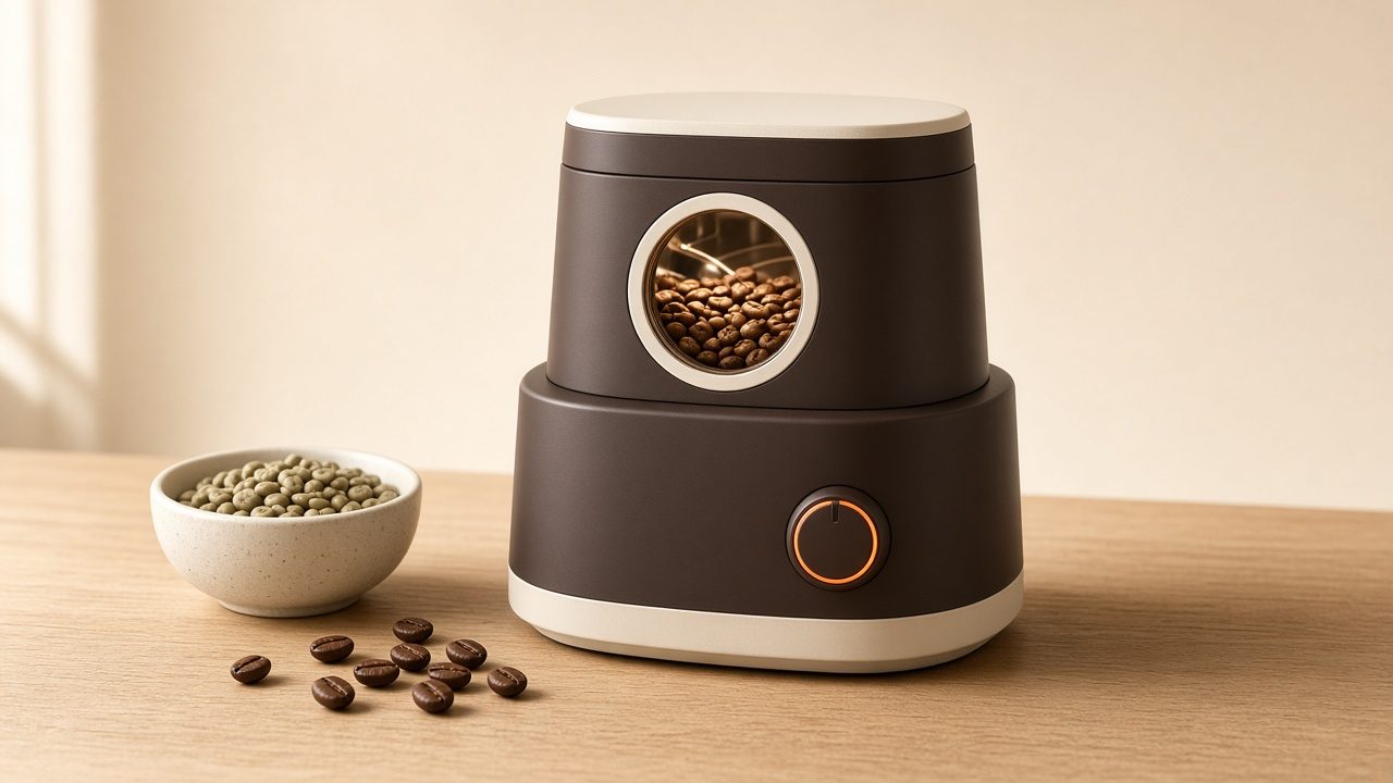 Ember & Bean countertop coffee roaster with a bowl of green beans (concept render)