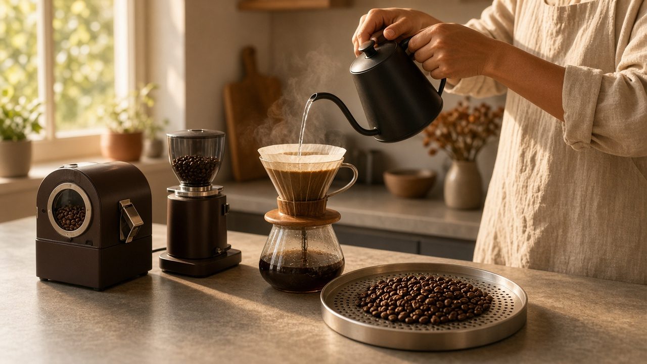 Morning pour-over next to the roaster in a home kitchen